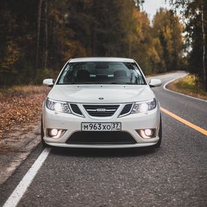 Preview wallpaper saab 9-2x, saab, car, white, front view, road