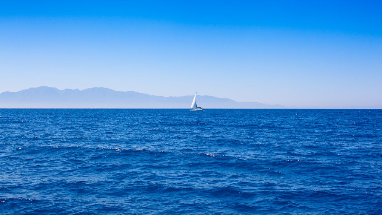 Wallpaper sail, boat, sea, mountains, landscape, minimalism