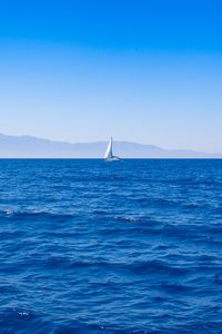 Preview wallpaper sail, boat, sea, mountains, landscape, minimalism