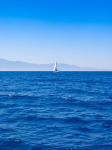 Preview wallpaper sail, boat, sea, mountains, landscape, minimalism
