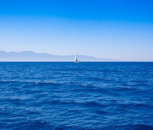Preview wallpaper sail, boat, sea, mountains, landscape, minimalism