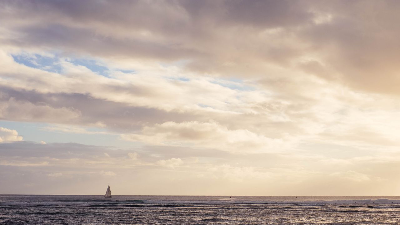 Wallpaper sail, boat, sea, clouds, minimalism