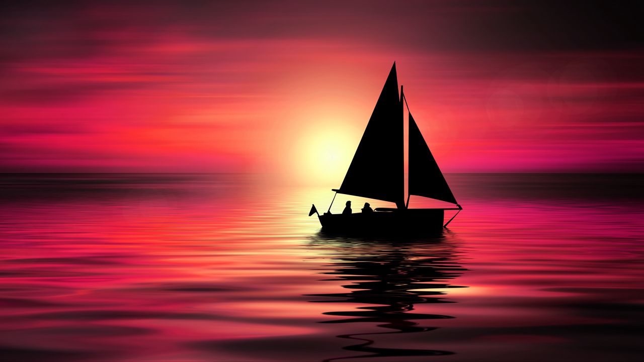 Wallpaper sail, silhouettes, sea, horizon, night