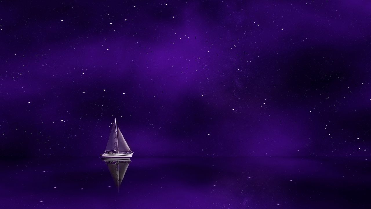 Wallpaper sail, starry sky, reflection, purple
