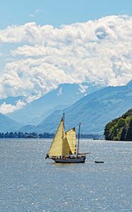 Preview wallpaper sailboat, boat, sea, hills, sky