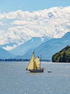 Preview wallpaper sailboat, boat, sea, hills, sky