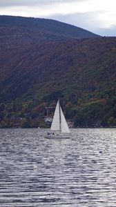 Preview wallpaper sailboat, boat, water, hills