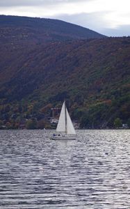 Preview wallpaper sailboat, boat, water, hills