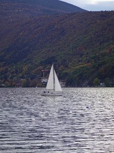 Preview wallpaper sailboat, boat, water, hills