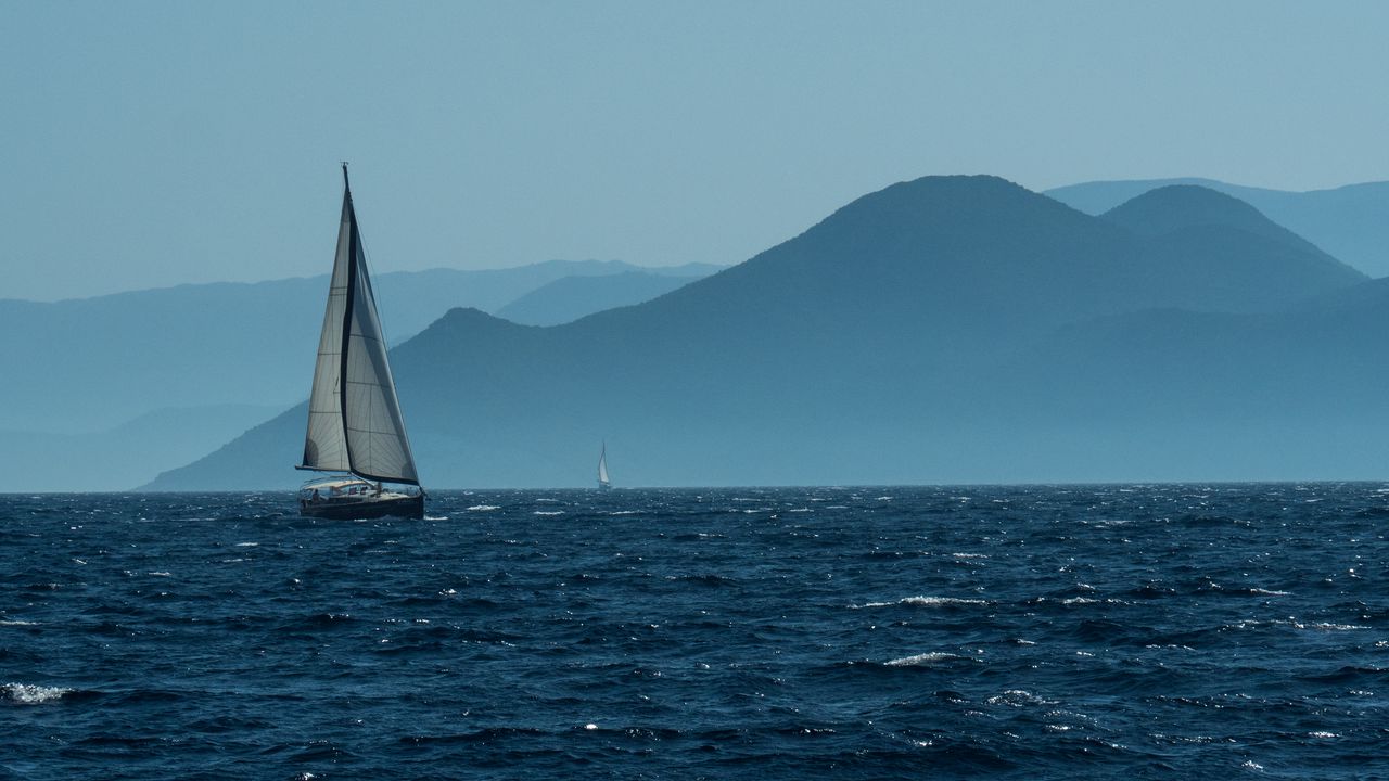 Wallpaper sailboat, boat, water, sea, mountains, landscape
