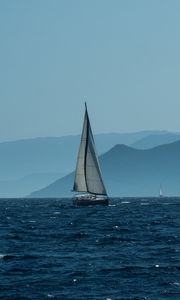 Preview wallpaper sailboat, boat, water, sea, mountains, landscape