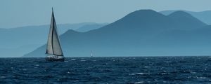 Preview wallpaper sailboat, boat, water, sea, mountains, landscape