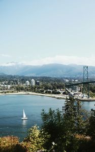 Preview wallpaper sailboat, coast, port, trees