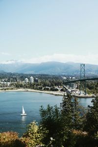 Preview wallpaper sailboat, coast, port, trees