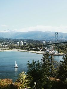 Preview wallpaper sailboat, coast, port, trees