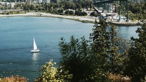 Preview wallpaper sailboat, coast, port, trees