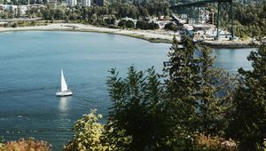 Preview wallpaper sailboat, coast, port, trees
