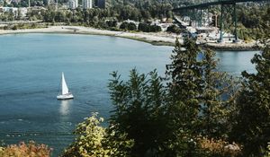 Preview wallpaper sailboat, coast, port, trees