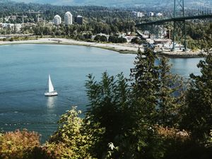 Preview wallpaper sailboat, coast, port, trees