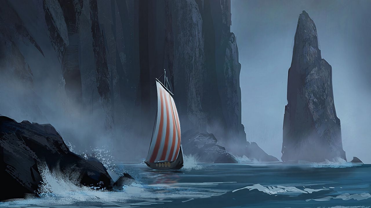 Wallpaper sailboat, rock, storm, cliff, art