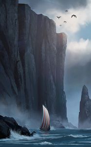 Preview wallpaper sailboat, rock, storm, cliff, art