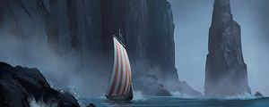 Preview wallpaper sailboat, rock, storm, cliff, art