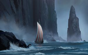 Preview wallpaper sailboat, rock, storm, cliff, art