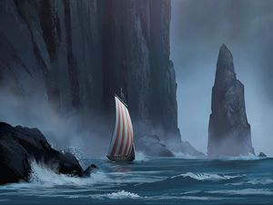 Preview wallpaper sailboat, rock, storm, cliff, art