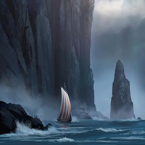 Preview wallpaper sailboat, rock, storm, cliff, art