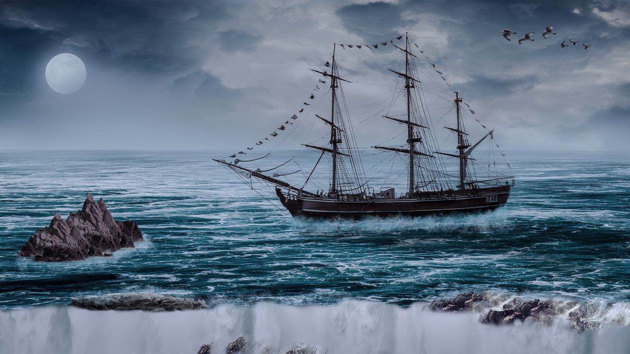 Wallpaper sailboat, ship, sea, cliff, waves, photoshop