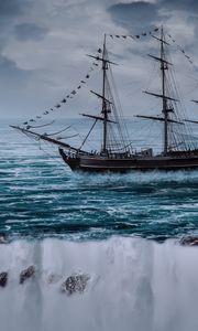 Preview wallpaper sailboat, ship, sea, cliff, waves, photoshop