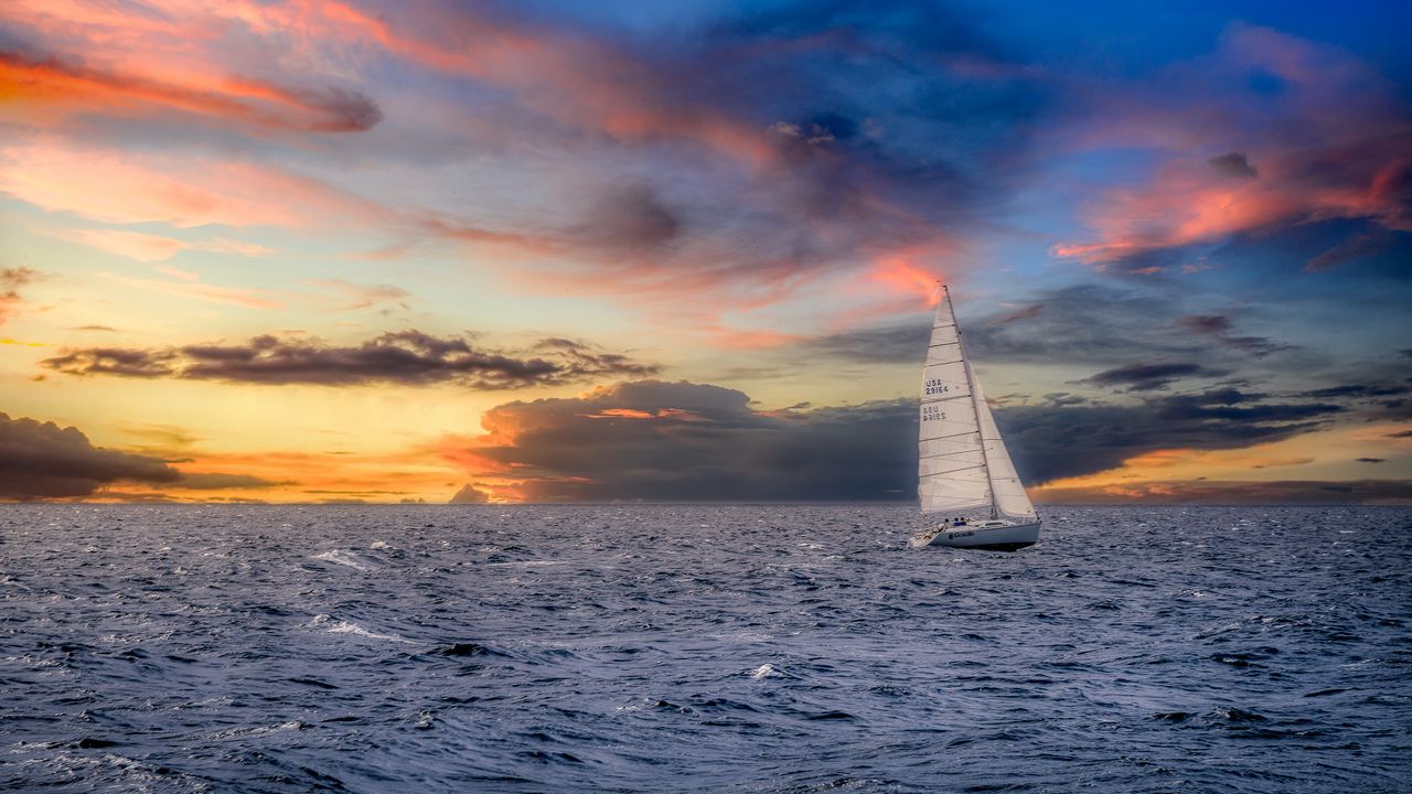 Wallpaper sailboat, sunset, sea, horizon