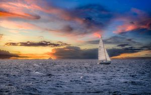 Preview wallpaper sailboat, sunset, sea, horizon
