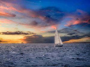 Preview wallpaper sailboat, sunset, sea, horizon