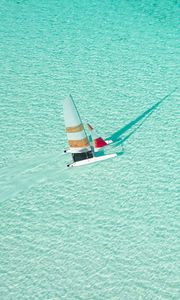 Preview wallpaper sailboat, water, aerial view, sea, blue, transparent