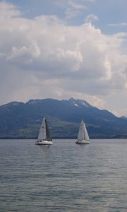 Preview wallpaper sailboats, boats, lake, mountains, landscape
