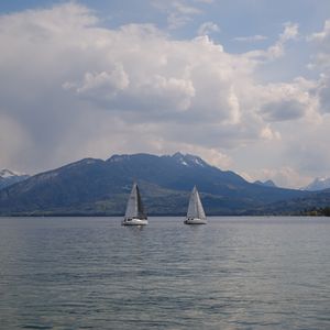 Preview wallpaper sailboats, boats, lake, mountains, landscape