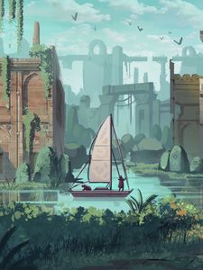 Preview wallpaper sailing ship, travel, ruins, art