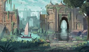 Preview wallpaper sailing ship, travel, ruins, art