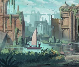 Preview wallpaper sailing ship, travel, ruins, art