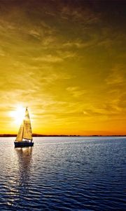 Preview wallpaper sailing vessel, decline, orange, sea, lonely