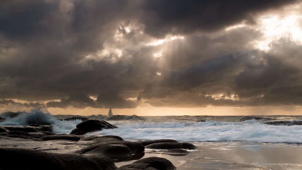 Wallpaper sailing vessel, waves, coast, distance, evening