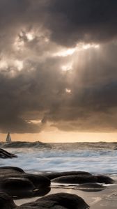 Preview wallpaper sailing vessel, waves, coast, distance, evening