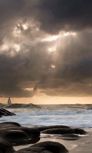 Preview wallpaper sailing vessel, waves, coast, distance, evening