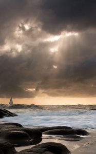 Preview wallpaper sailing vessel, waves, coast, distance, evening