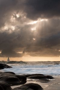 Preview wallpaper sailing vessel, waves, coast, distance, evening