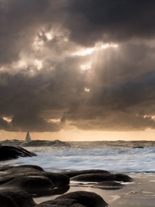 Preview wallpaper sailing vessel, waves, coast, distance, evening