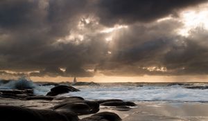 Preview wallpaper sailing vessel, waves, coast, distance, evening