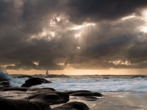 Preview wallpaper sailing vessel, waves, coast, distance, evening