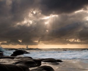 Preview wallpaper sailing vessel, waves, coast, distance, evening